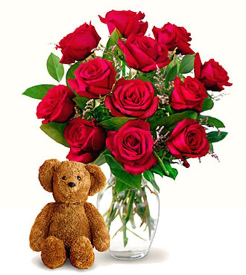 FTD Dozen Roses and Teddy Bear